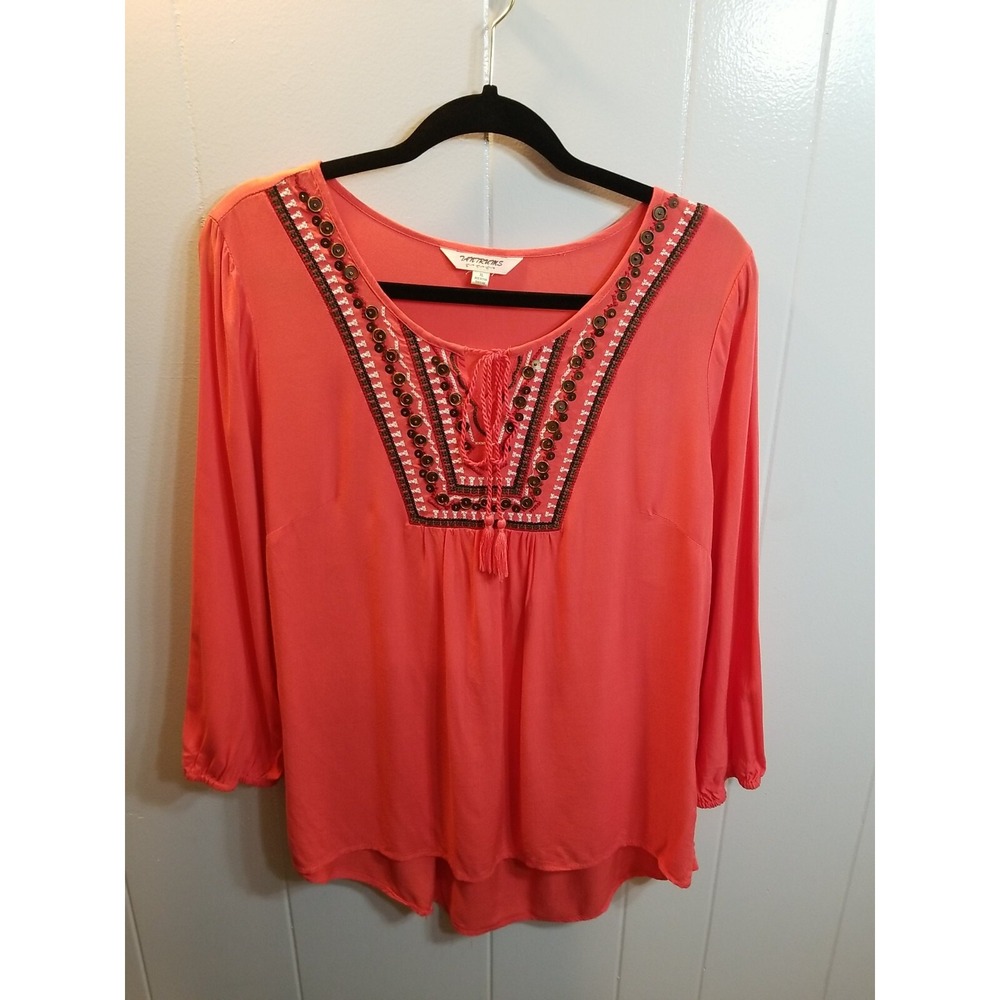 Tantrums Women's XL‎ Burnt Orange Boho Peasant Embroidered Pullover Blouse
